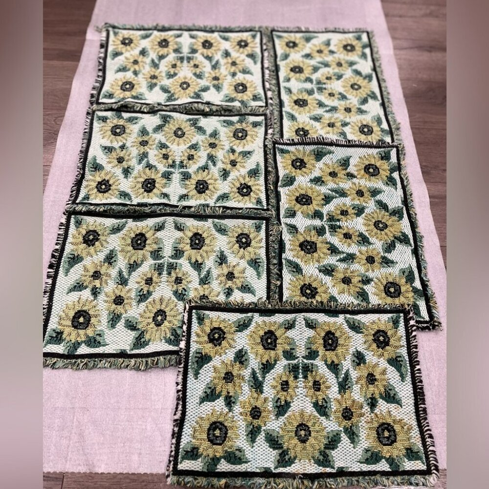 Set of 6 Vintage Sunflowers Woven Tapestry Placemats Green Yellow fringed - Picture 1 of 6
